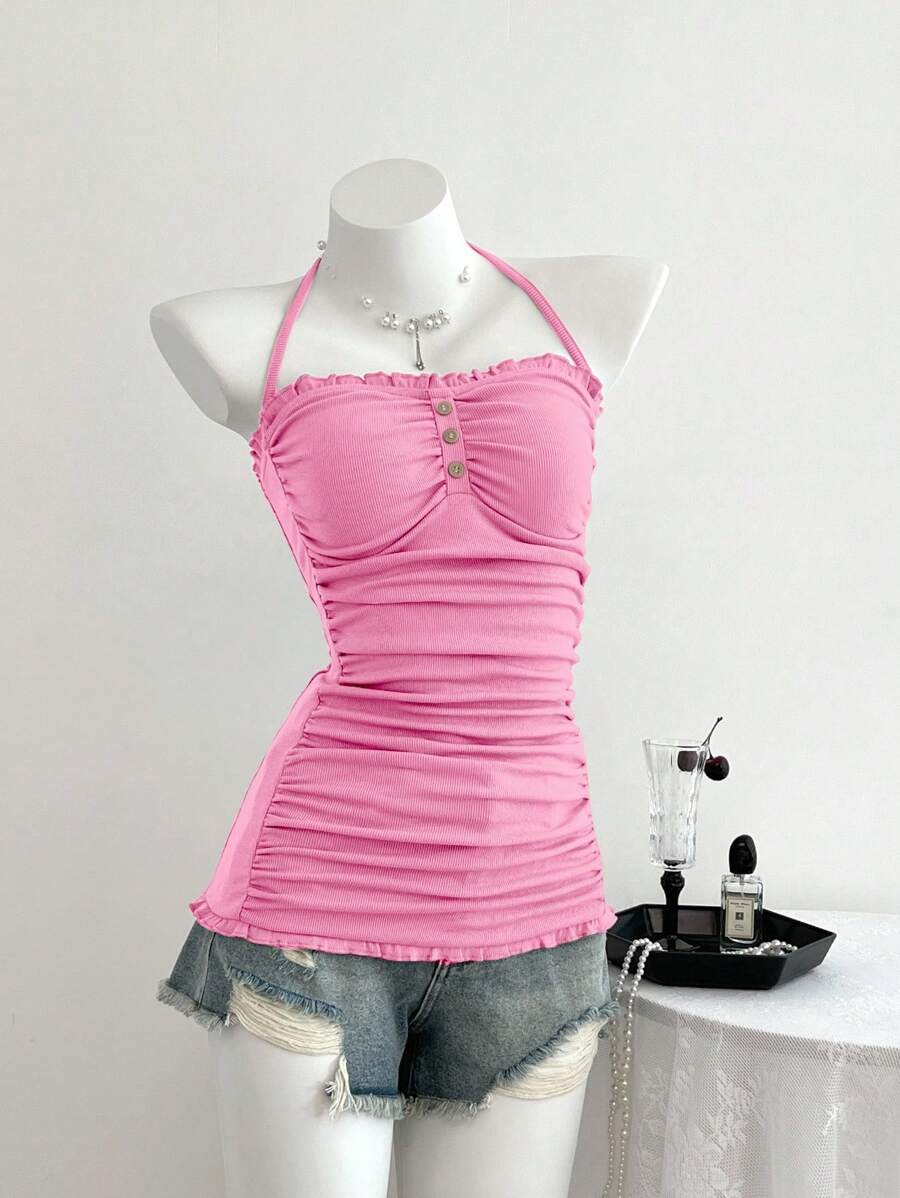 Elamini Blusa de cuello halter con volantes y botones decorativos para mujer - Rosado Sandía - Ver 1