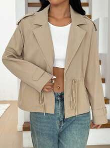SHEIN EZwear Áo khoác Trench eo ngắn mới về mùa thu - Màu Khaki - Xem 3