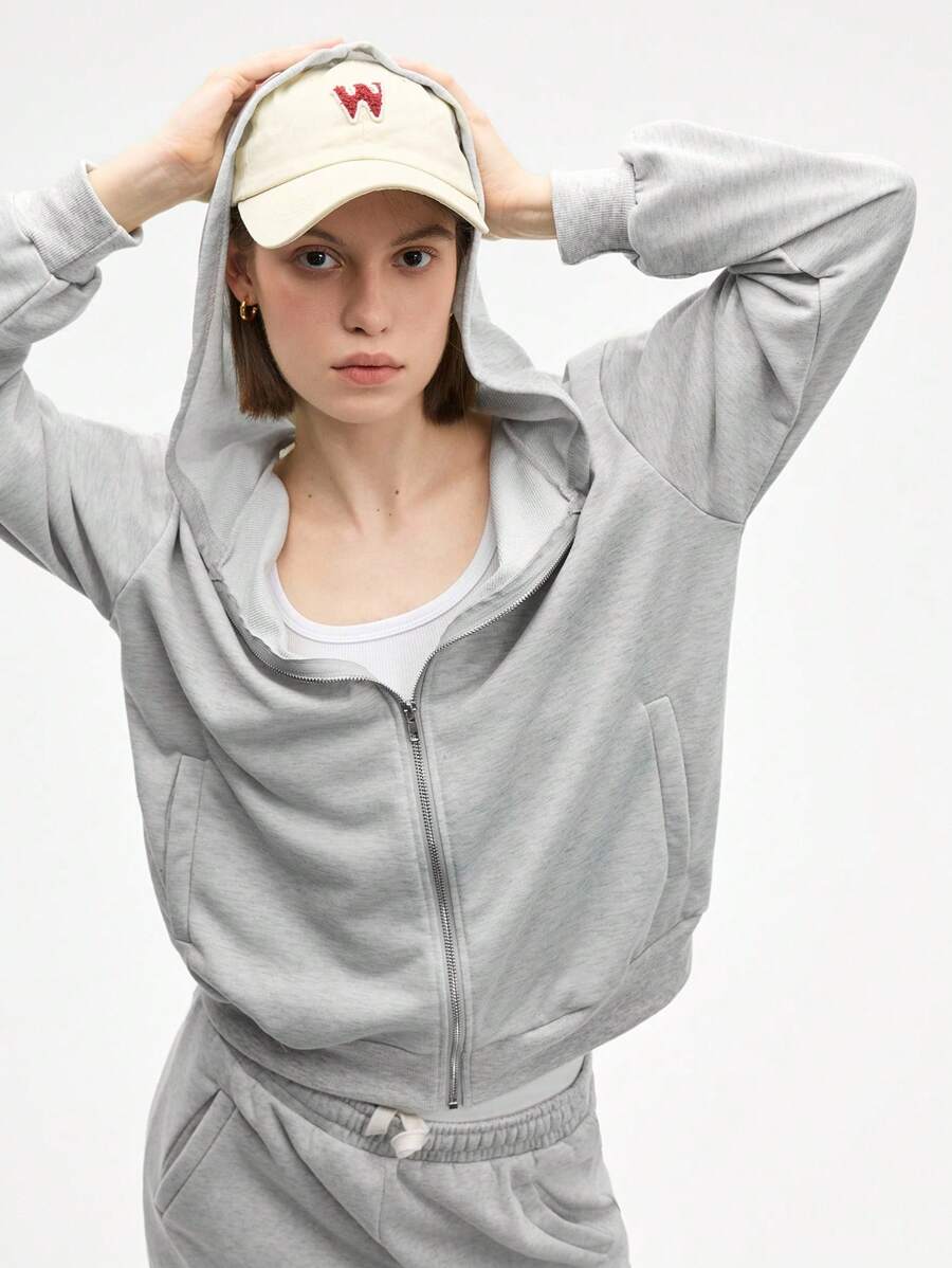 SHEIN Sports 女士灰色长袖拉链卫衣，休闲舒适 - 淺灰色 - 查看 1