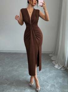 Rafferiza Elegant Sleeveless Navy Blue Deep V-Neck Draped Hem Slit Dress For Women, Spring/Summer - Mocha Brown - View 5