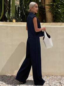 Livesso 女士翻领马甲和阔腿牛仔裤休闲牛仔套装，秋季服装 - 藍色 - 查看 4