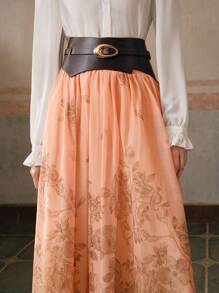 Anewsta Floral Print A-Line Pleated Orange Skirt For Women - Dusty Pink - View 1