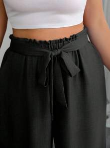 SHEIN PETITE Pantaloni larghi e morbidi da donna, in tinta unita, con tasche e nodo decorativo, taglie comode - nero - Visualizzare 4