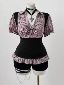 Flirla Plus Size Plaid Patchwork Cinched Waist Short Sleeve Shirt - Multicolor - View 2
