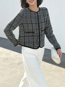 EMERY ROSE Damen lässige karierte Kurzjacke für den Herbst - Schwarz - Übersicht 1