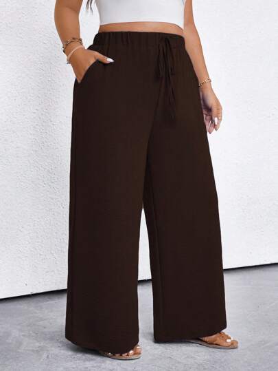 EMERY ROSE Plus Size Women's Solid Color Tie Waist Pocket Wide Leg Pants Fall Cloth For Women
