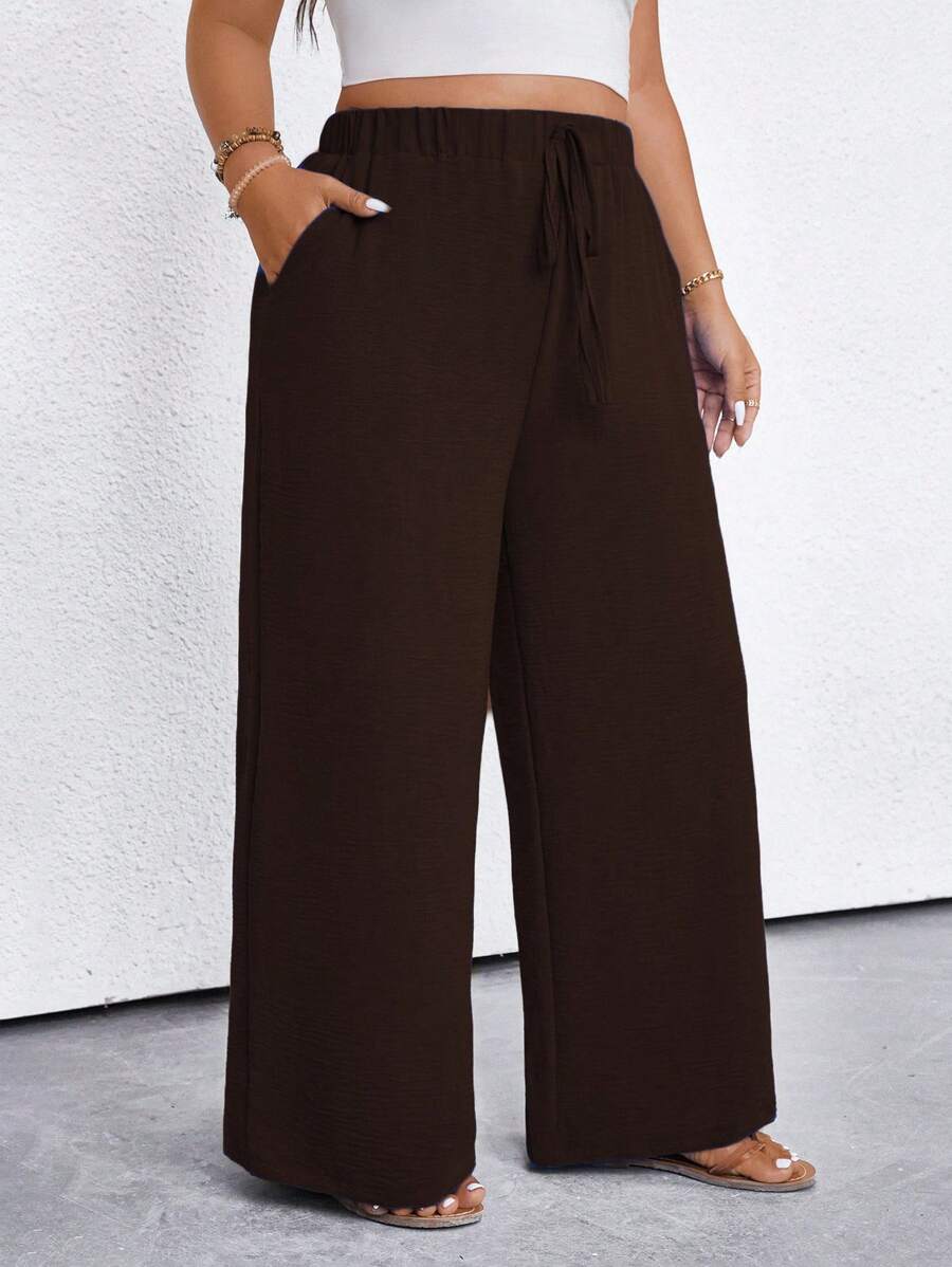 EMERY ROSE Plus Size Women's Solid Color Tie Waist Pocket Wide Leg Pants Fall Cloth For Women - Brown - View 1