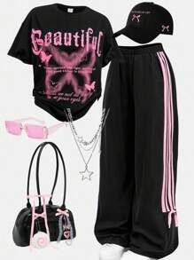 Girlism Teen Girls Streetwear T-Shirt And Sweatpants Co-Ord Set With Letter Print Style Y2k Outfits Y2k Tween Outfit Girl Outfit Set Butterfly Graphic Tee Outfit Black And Pink Outfit