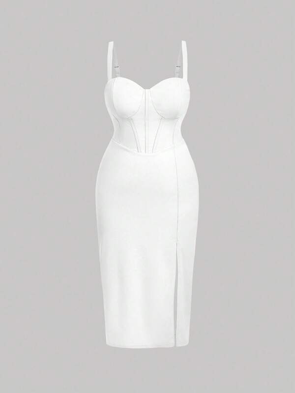 SHEIN MOD Plus Size Women Solid Slit Hem Waist Cinched Elegant Cami Dress