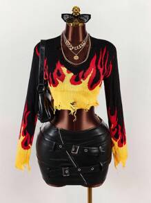 Amplova Fall Clothes Women Fire Pattern Distressed Crop Sweater,Long Sleeve Tops - Black - View 1