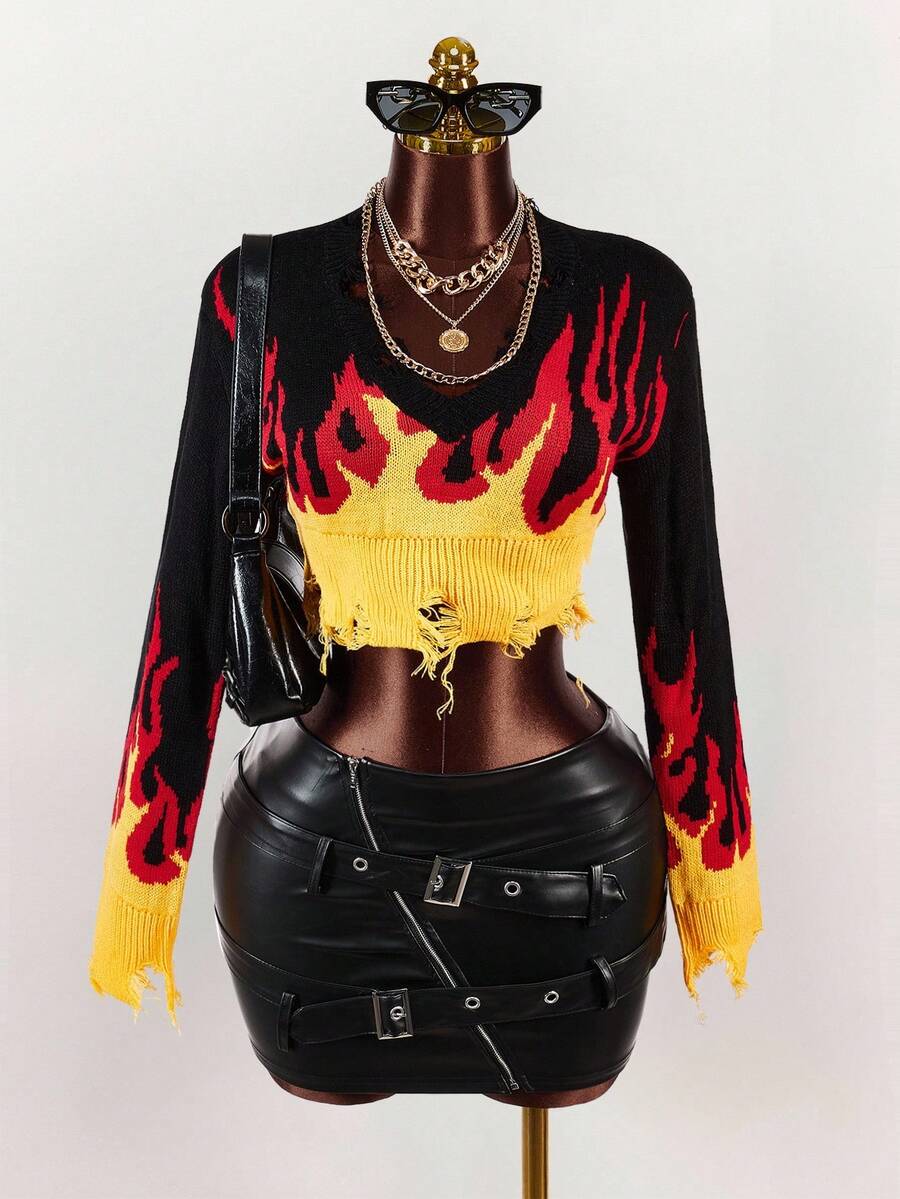 Amplova Fall Clothes Women Fire Pattern Distressed Crop Sweater,Long Sleeve Tops - Black - View 1
