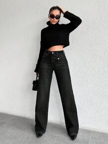 EURMUSE Jeans casual da donna a gamba dritta e morbidi con tasche, versatili - nero - Visualizzare 5