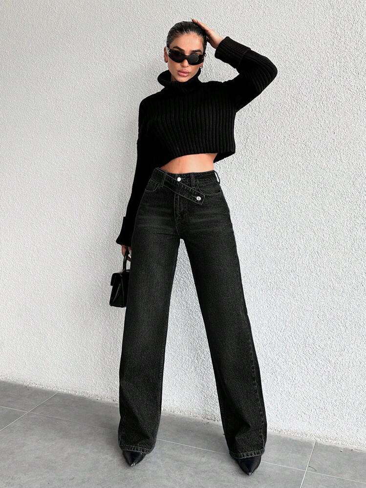 EURMUSE Jeans rectos casuales y holgados para mujer con bolsillos, versátiles - Negro - Ver 5