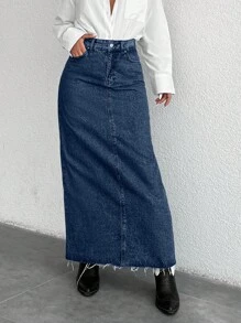 EURMUSE Women's Pockets & Frayed Hem Straight Casual Long Denim Skirt - Dark Wash - View 5