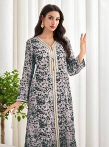 Al Najma Women Floral Print Patchwork Strap Loose Arabian Long Dress - Multicolor - View 3