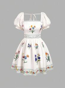 SHEIN MOD 大码女式花卉印花波西米亚风格长裙，适合度假，浪漫夏季服装，女士度假装，沙滩装，西式服装，女式印花长裙 - 杏色 - 查看 6