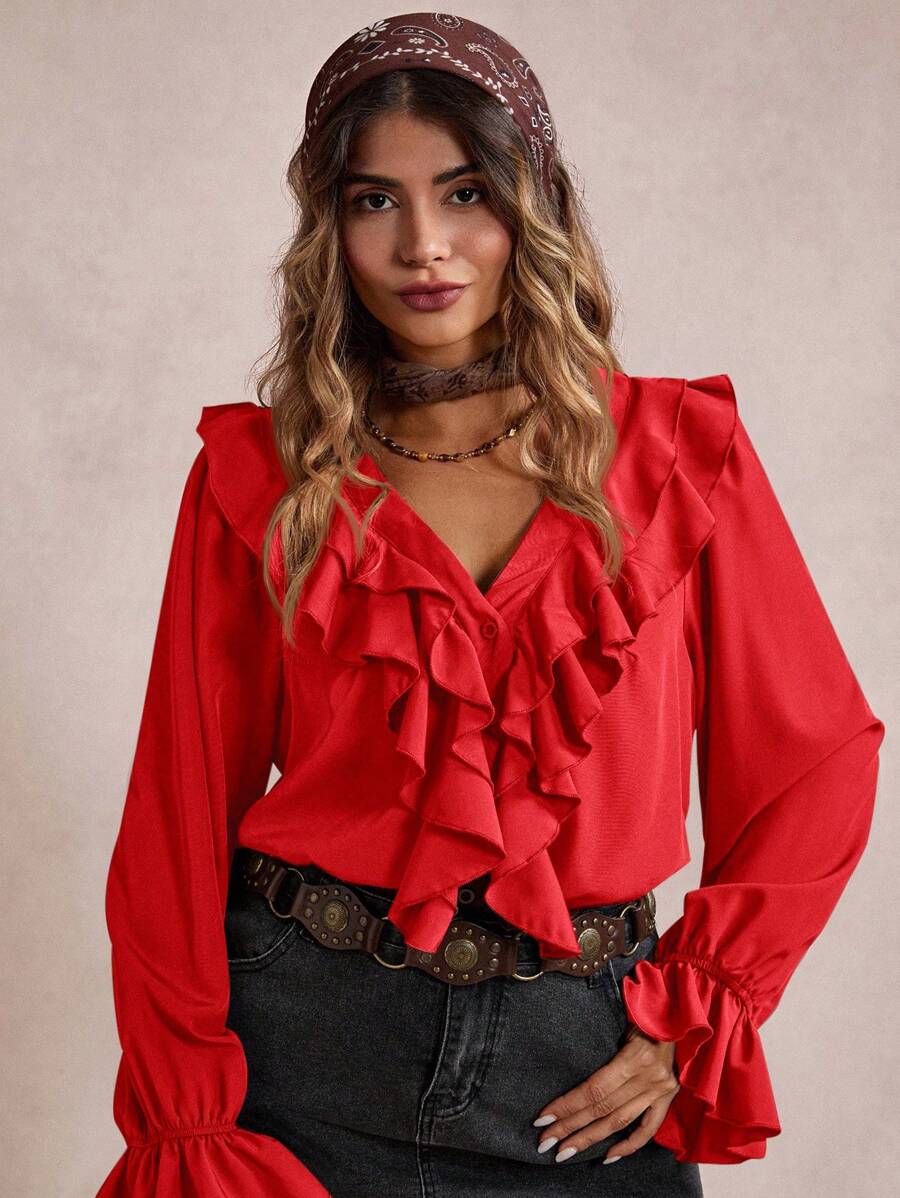 Freevana 大码女式休闲荷叶边V领长袖纯色衬衫