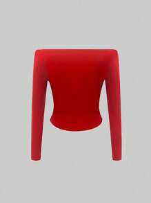SHEIN Privé Women's Solid Color Off-Shoulder Long Sleeve Slim Fit T-Shirt, Red Top, Casual Everyday Wear