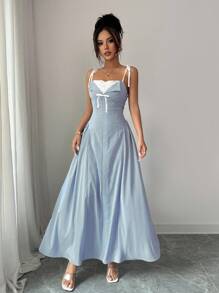 Elenzga 女式蓝白条纹拼接蕾丝花边腰部设计吊带连衣裙 - 藍白色 - 查看 6