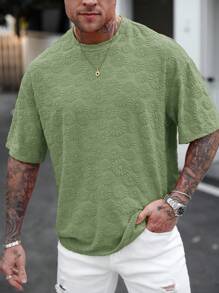Manfinity Homme Men's Textured Fabric Round Neck Drop Shoulder Loose Casual T-Shirt For Summer - Green - View 4