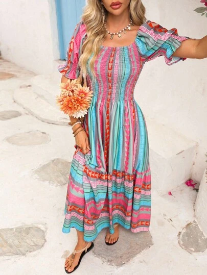 Vivid Eden 女式露肩泡泡袖长款波西米亚风几何印花度假连衣裙