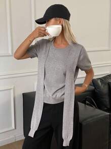 Livesso Women's 2 In 1 Tie-Waist Patchwork Short Sleeve Round Neck Short Knit Sweater, Casual & Chic