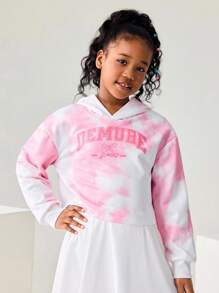 Tween Girl Pink And White Tie-Dye Graphic Print Oversized Sweatshirt,Autumn Casual School Back-To-School Loose Fit Pullover With Fun Letter & Pattern - Pink - View 1
