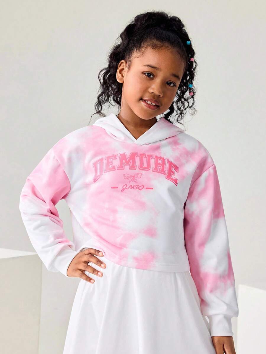 Tween Girl Pink And White Tie-Dye Graphic Print Oversized Sweatshirt,Autumn Casual School Back-To-School Loose Fit Pullover With Fun Letter & Pattern - Pink - View 1