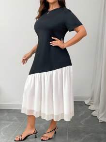 Elenzga 加大码圆领拼色荷叶边下摆短袖夏季长裙女装 - 黑與白 - 查看 3