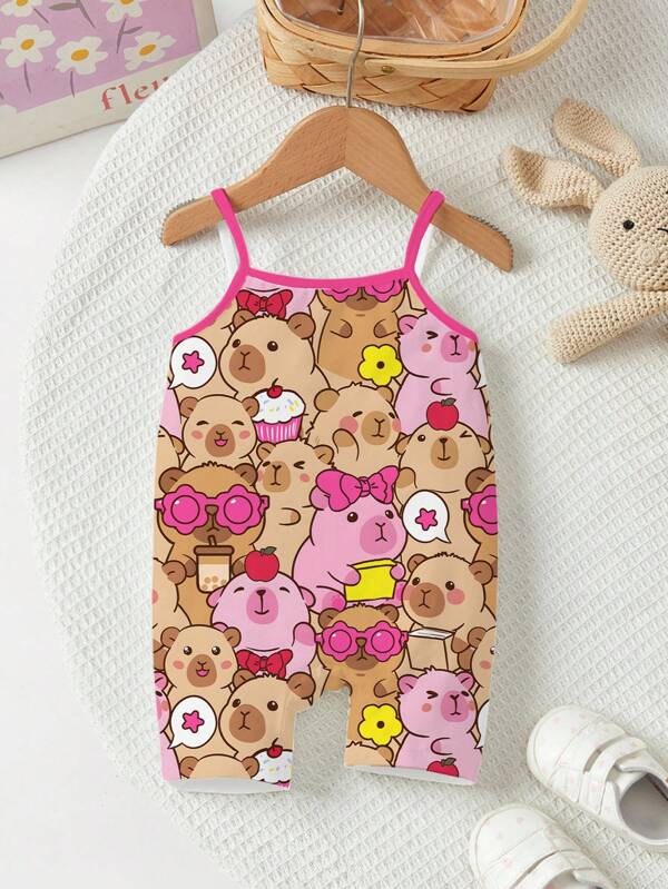 Baby Girl Casual Minimalist Cartoon Print Romper, Suitable For Spring And Summer Baby Romper Bear Teddy Bear Baby Clothes Cartoon Baby Clothes Baby Girl Romper Bear Baby Girl Summer Romper
