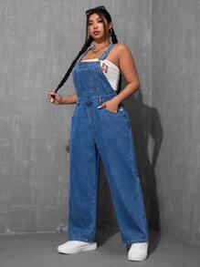 SHEIN CURVE+ Plus Size Women Cowgirl Blue Denim Sleeveless Jumpsuit, Non-Stretchy Casual Overalls For Spring - Blue - View 4