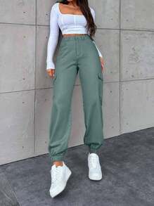 EURMUSE Women's Casual Cuffed Pocket Harem Jeans - Green - View 3