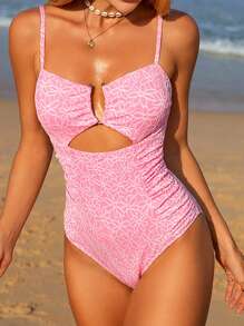 Swim Mod Nouveau maillot de bain une pièce d'été pour femme en tissu jacquard, avec bretelles fines, col en V, taille évidée froncée