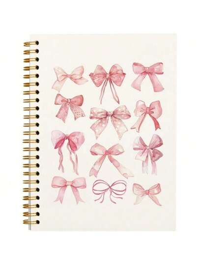 SHEIN Chic Pink Bow Journal Notebook - Soft Cover, Aesthetic Preppy Design For Women, Cute Office Supplies-Spiral Notebook- School Supplies,Back To School