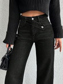EURMUSE Jeans casual da donna a gamba dritta e morbidi con tasche, versatili - nero - Visualizzare 3
