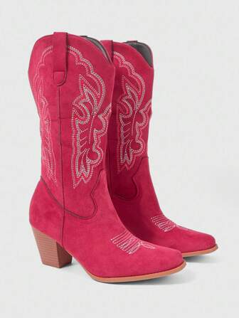 Fairycore Women's Cowboy Boots, Outdoor Casual Fashion Red Slip-On Embroidered Western Boots, Mid-Calf, Spring/Autumn, Pink