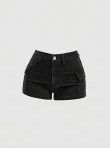 SHEIN Teen Girl Summer Y2K Low Waist Stonewashed Denim Shorts With Flap Pocket,Summer Brunch Graduation,Beach Vacation Teen Girl Casual,Country Concert/Rave, Black Denim Shorts - Black - View 3