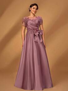 Serin Elegant Luxurious Romantic Mesh Patchwork Satin Pleated Beaded Sequins Applique Short Sleeve Bow A-Line Hem Dress, Suitable For Evening Party, Dating, Vacation, Ball, Music Festival, Wedding, Mother Of The Bride