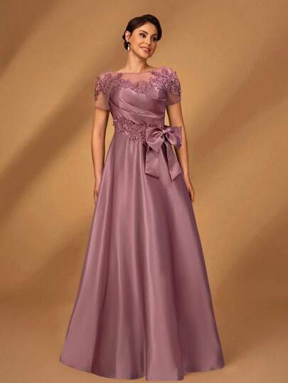 Serin Elegant Lyxig Romantisk Mesh Patchwork Satin Plisserad Pärlpaljett Applikation Kortärmad Rosett A-linjeformad Klänning, Lämplig För Kvällsfest, Dejting, Semester, Bal, Musikfestival, Bröllop, Brudens Mor, Alla hjärtans dag