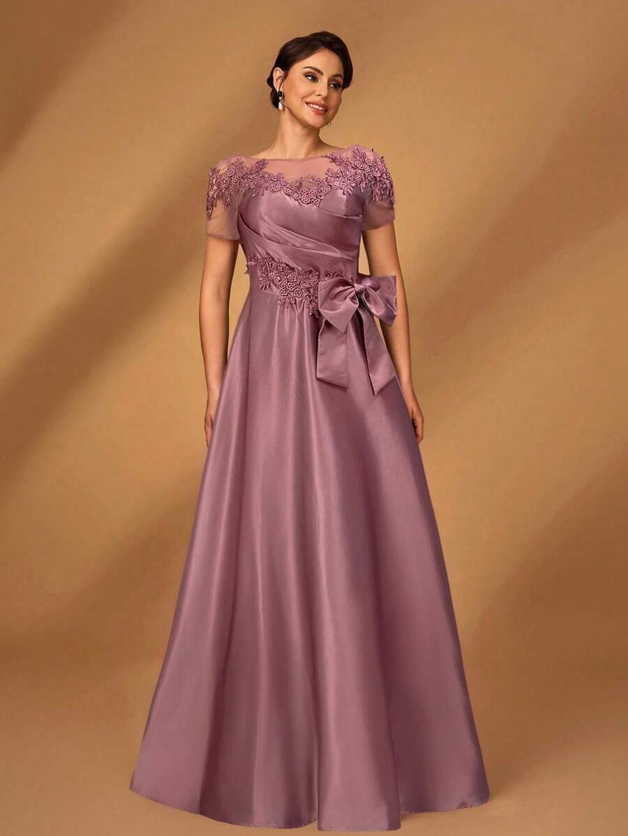 Serin Elegant Luxurious Romantic Mesh Patchwork Satin Pleated Beaded Sequins Applique Short Sleeve Bow A-Line Hem Dress, Suitable For Evening Party, Dating, Vacation, Ball, Music Festival, Wedding, Mother Of The Bride