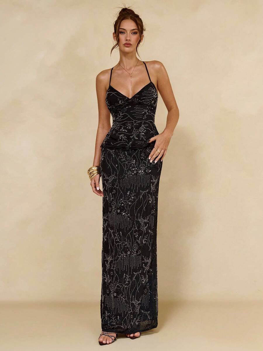 SHEIN BAE Váy thiết kế sequin hoa cho nữ, thanh lịch cho những dịp tiệc tùng - màu đen - Xem 1