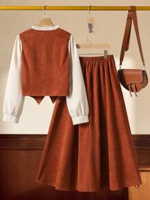 Bộ 2 món thanh lịch cho bé gái tuổi teen, áo dài tay cài nút trang trí nơ tương phản và chân váy mini màu trơn - Nhiều màu - Xem 2