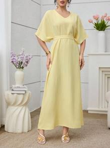 Yasmyna 中东阿拉伯风格黄色V领修腰修身连衣裙，夏季新款女士 - 黃色 - 查看 5