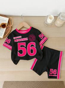 SHEIN 女婴休闲简约“Girls Trip”经典运动风，数字 56 时尚标语“Every Day Is Memorable”印花，色块袖子设计，撞色领口短袖 T 恤，带有数字 56 和标语印花，搭配合身骑行短裤，适合夏季、运动、健身、休闲外出和社交活动 - 彩色 - 查看 3