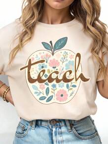 EMERY ROSE Plus Size Women's Summer Casual/Holiday Style Apple Floral & Letter Printed Short Sleeve T-Shirt