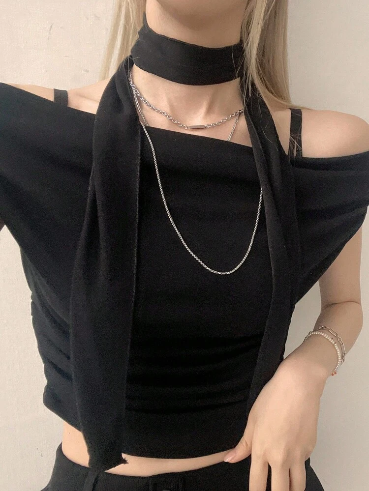 Women's Fashion Casual Ruched Off-Shoulder Tight Cropped T-Shirt