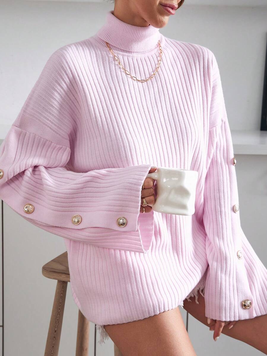 EURMUSE 女士淡粉色纽扣休闲毛衣 - 淺粉色 - 查看 1