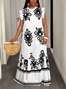 Slaydiva Đầm dài dáng rộng in hoa cho nữ cỡ lớn, cổ cao giả, bèo nhún, kiểu dáng đi nghỉ mát. - Đen và trắng - Xem 4