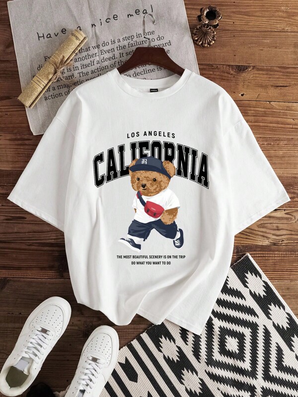 Manfinity Joysei Men White Knit Round Neck Short California Letter Graphic Sleeve T-Shirt, Boyfriend Gift, For Going Out