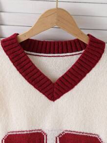 Teen Girls' Loose V-Neck Dropped Shoulder Number Graphic Long Sleeve Sweater Fall Winter